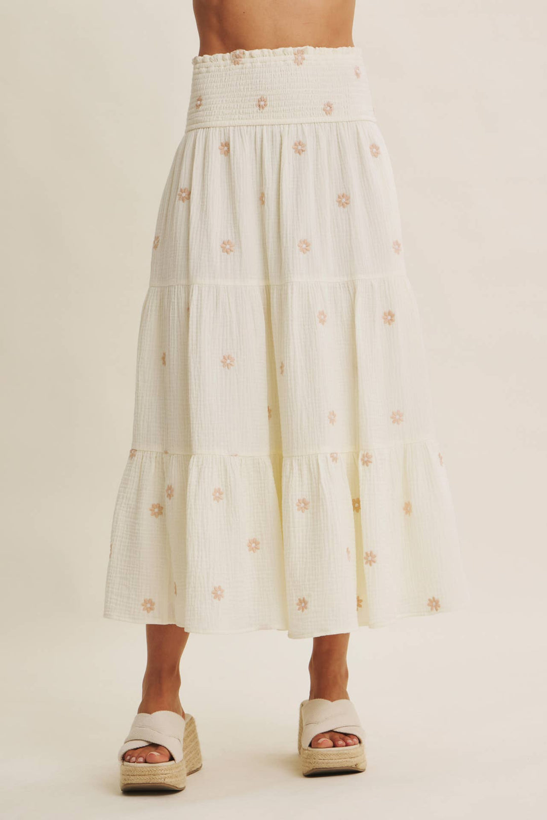 Women's Skirts - SUNSET FIELD EMBROIDERED COTTON GAUZE SMOCKED MIDI SKIRTS - - Cultured Cloths Apparel