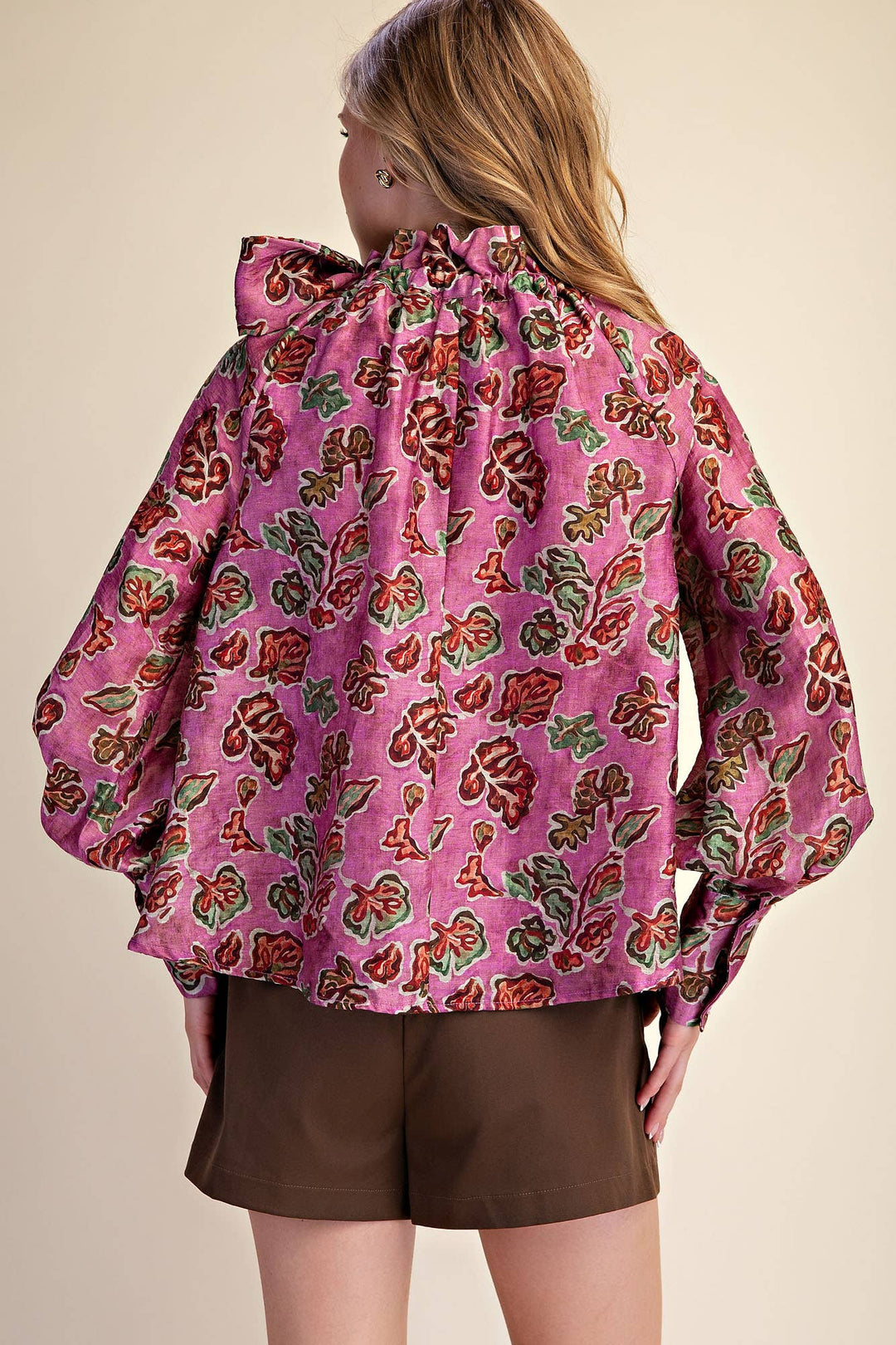 Ruffle Tie Neck Long Sleeve Print Blouse
