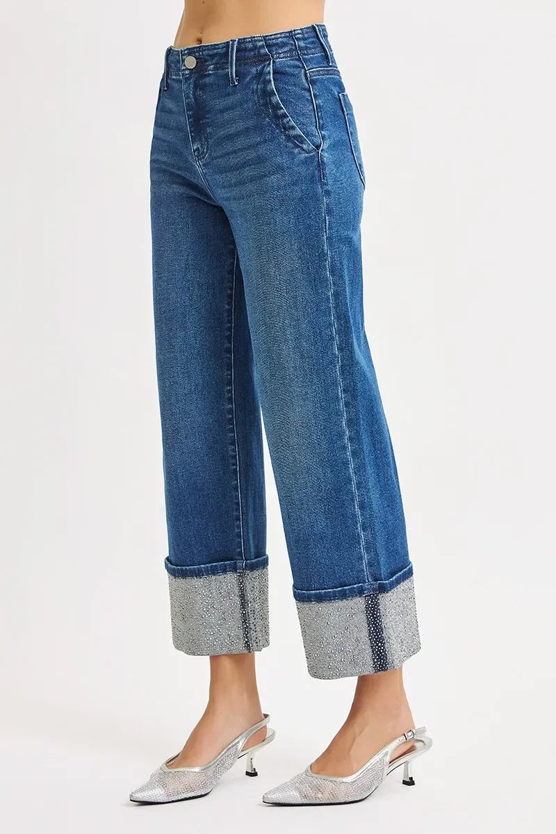 Denim - RISEN High Rise Ankle Wide Rhine Stone Cuffed Jeans - - Cultured Cloths Apparel