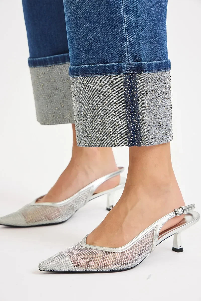 Denim - RISEN High Rise Ankle Wide Rhine Stone Cuffed Jeans - - Cultured Cloths Apparel