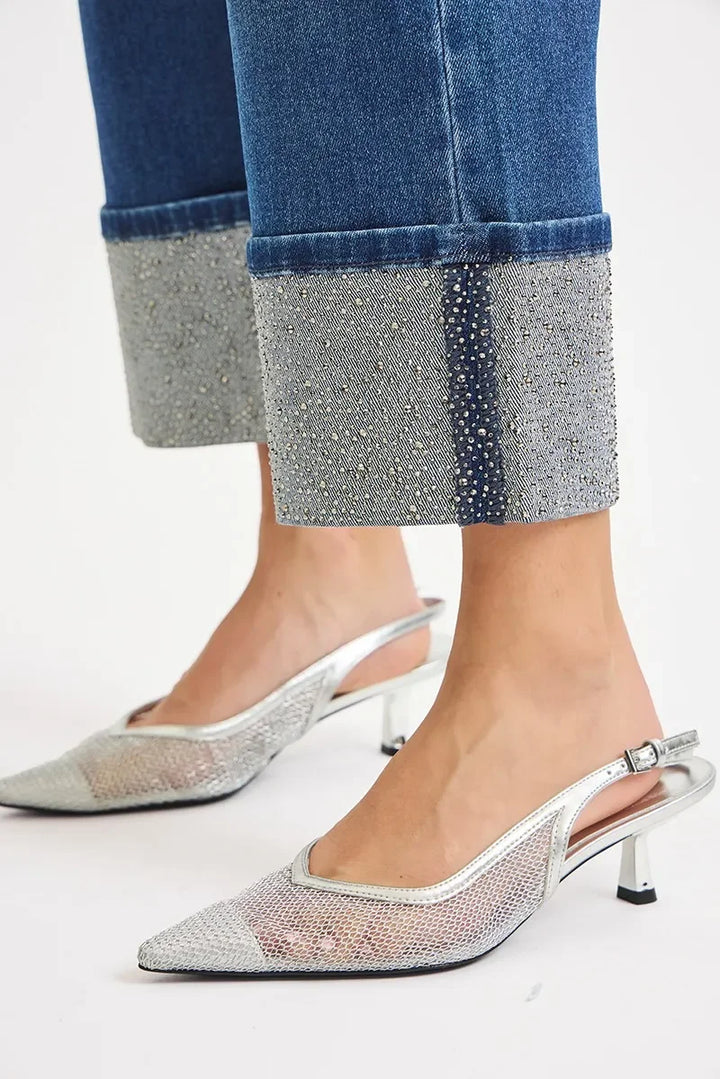 Denim - RISEN High Rise Ankle Wide Rhine Stone Cuffed Jeans - - Cultured Cloths Apparel