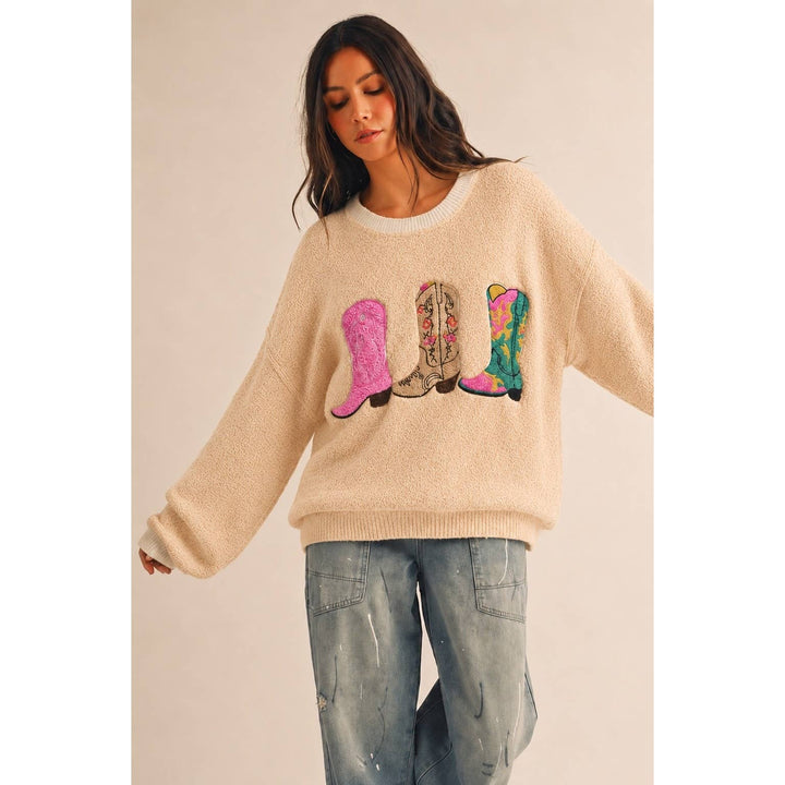 Women's Sweaters - Wildflower Rodeo Boots Patchwork Knit Sweater - - Cultured Cloths Apparel