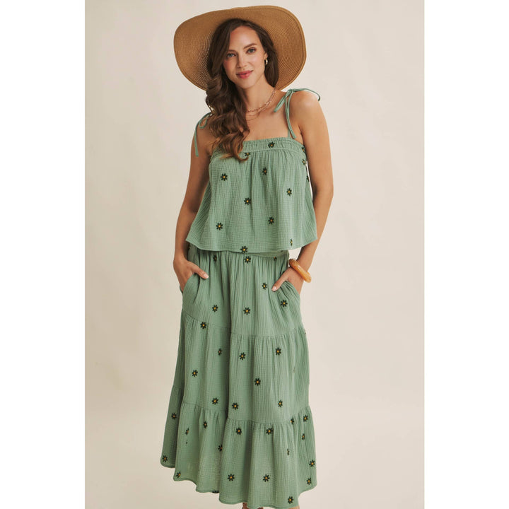 Women's Skirts - SUNSET FIELD EMBROIDERED COTTON GAUZE SMOCKED MIDI SKIRTS - - Cultured Cloths Apparel