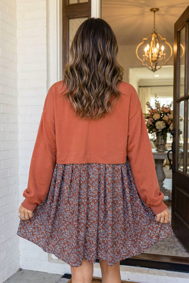 Fall Floral Patchwork Flared Mini Dress (S-XL)