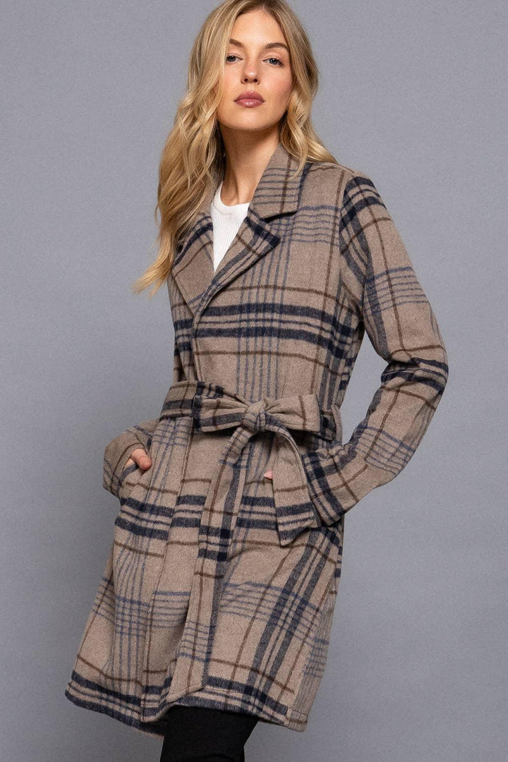 Outerwear - Long Sleeve Notched Collar with Waist Belt Plaid Jacket - TAUPE/NAVY - Cultured Cloths Apparel