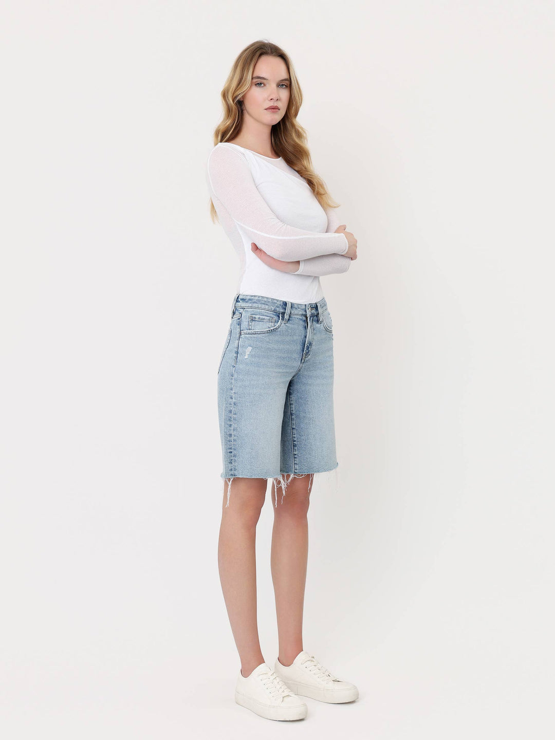 Denim - MID RISE RAW HEM LIGHT WASH DENIM JORTS - - Cultured Cloths Apparel