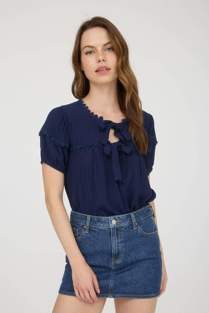 Women's Short Sleeve - SCALLOP TRIM FRONT TIE DETAIL PUFF SLEEVE TOP - - Cultured Cloths Apparel