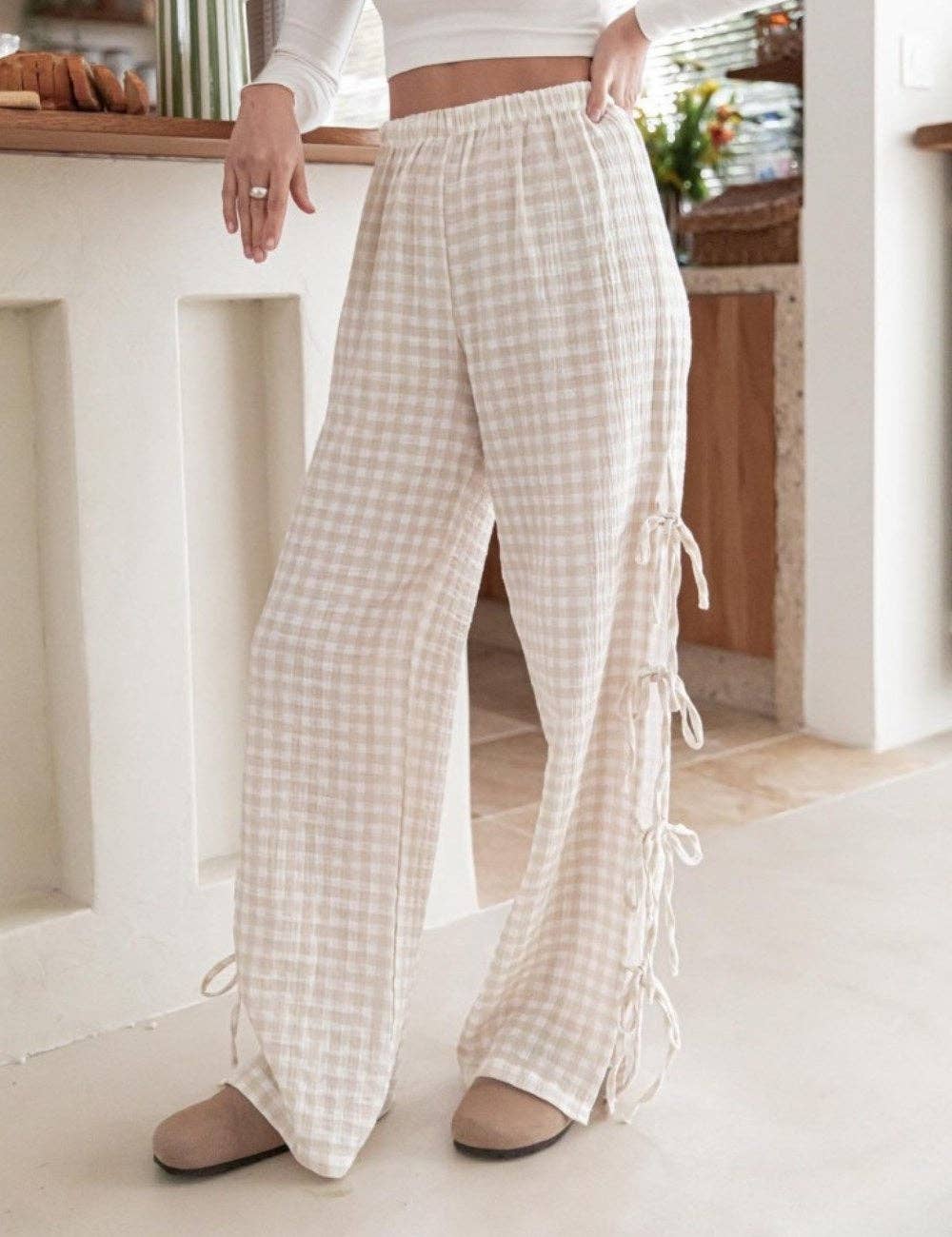 Pants - Bow Side Split Plaid Casual Pants - Pearl White - Cultured Cloths Apparel