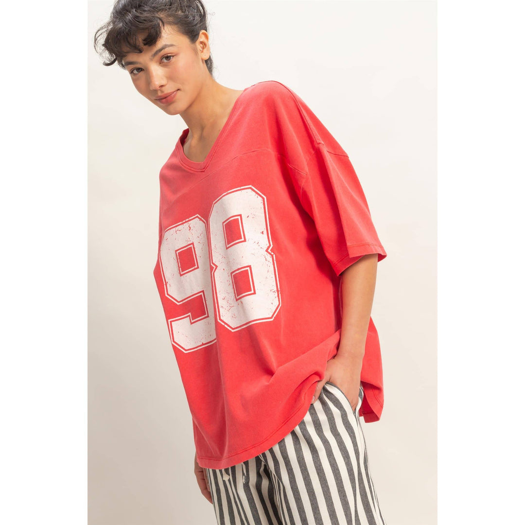 Graphic T-Shirts - Oversized Varsity Style V-Neck Graphic T-Shirt - - Cultured Cloths Apparel
