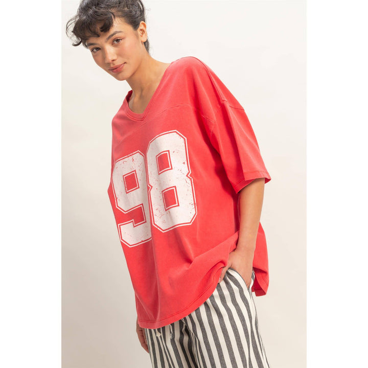 Graphic T-Shirts - Oversized Varsity Style V-Neck Graphic T-Shirt - - Cultured Cloths Apparel