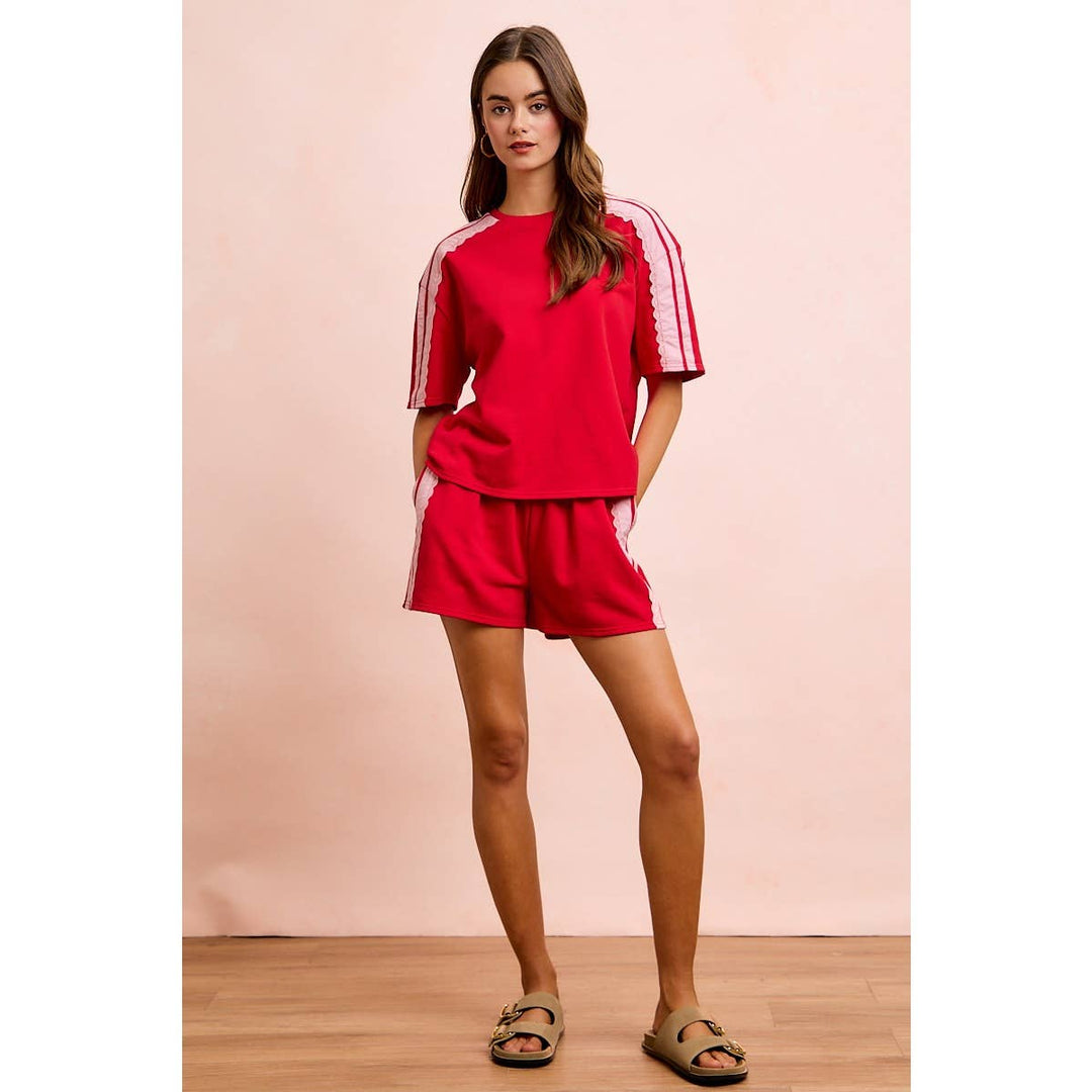 FRENCH TERRY SIDE LACE DETAIL SHORT SLEEVES TOP