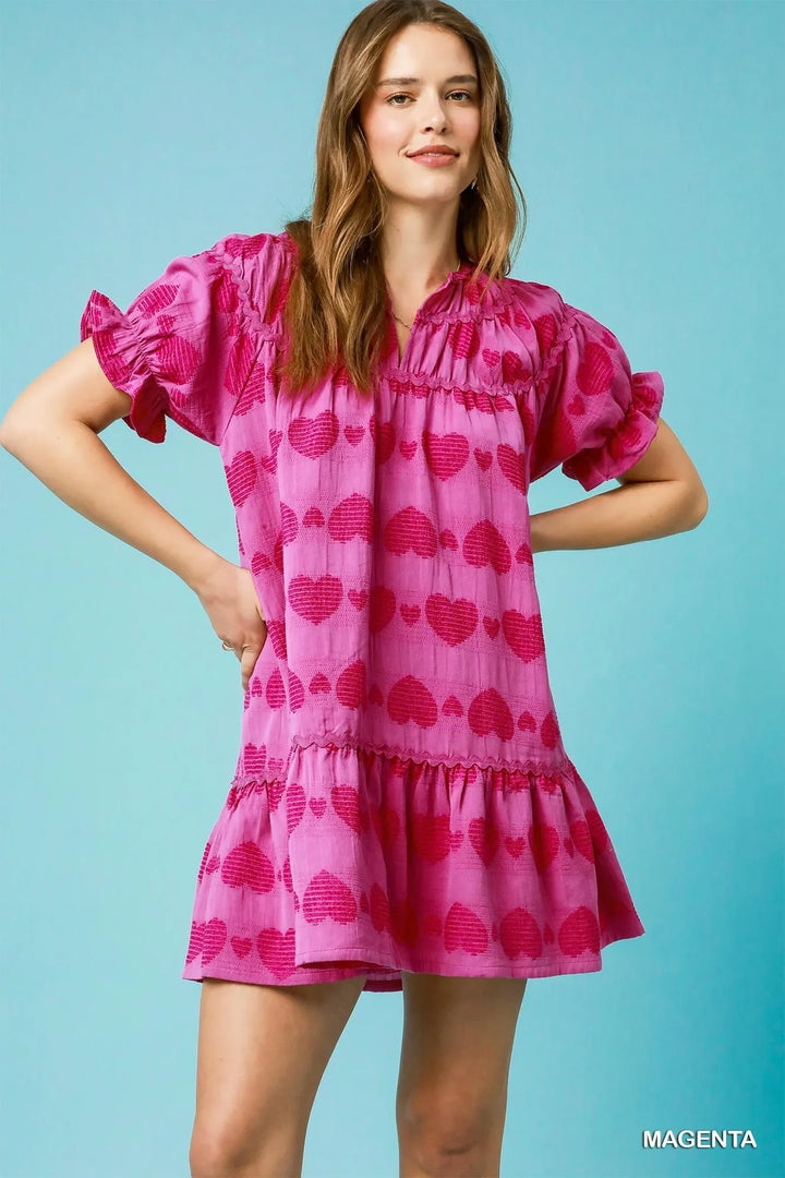 Women's Dresses - Umgee Heart Pattern Short Sleeve Ruffle Babydoll Dress - MAGENTA - Cultured Cloths Apparel