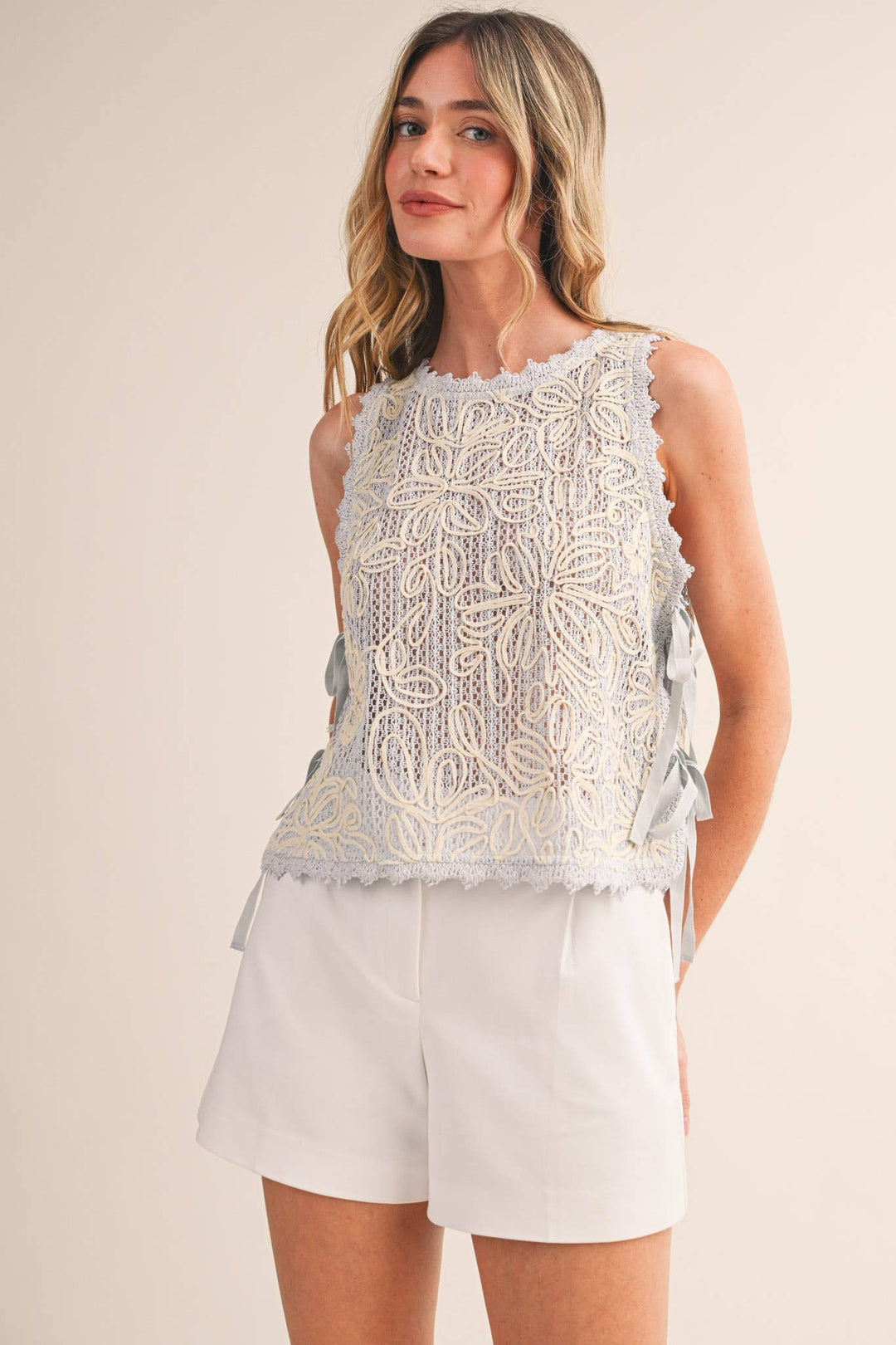 - FLORAL CROCHET TANK WITH SIDE TYING DETAIL MTP4770 - - Cultured Cloths Apparel