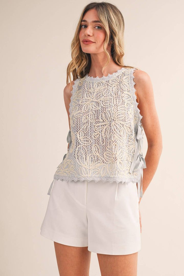 - FLORAL CROCHET TANK WITH SIDE TYING DETAIL MTP4770 - - Cultured Cloths Apparel