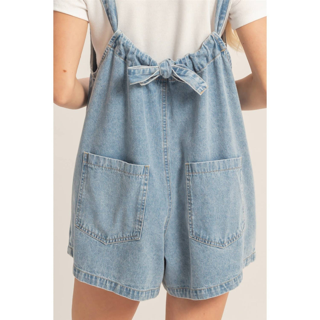 Denim Romper With Gathered Neck