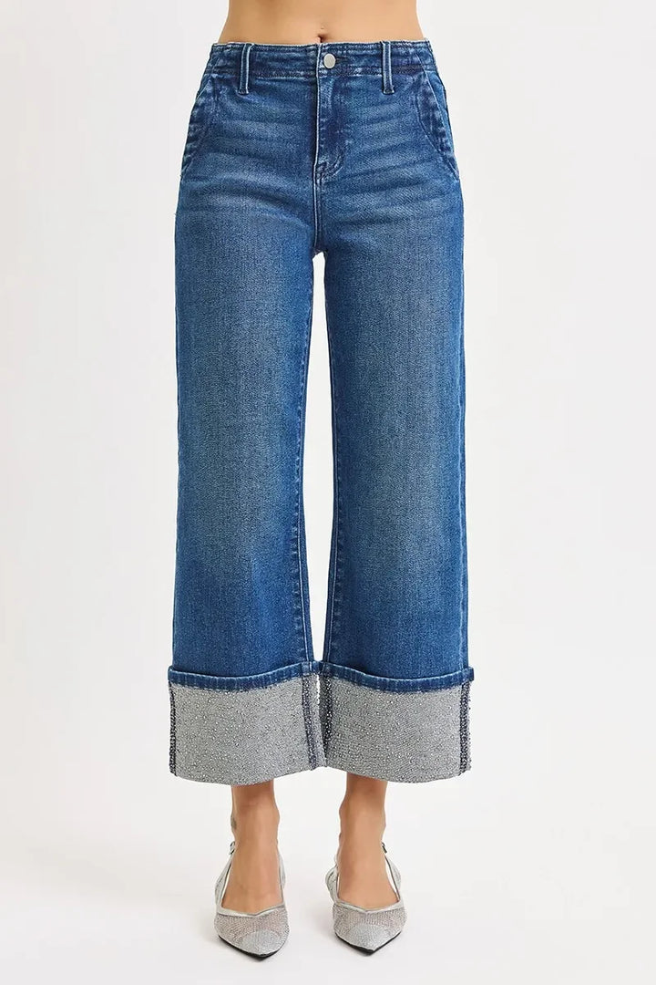 Denim - RISEN High Rise Ankle Wide Rhine Stone Cuffed Jeans - - Cultured Cloths Apparel