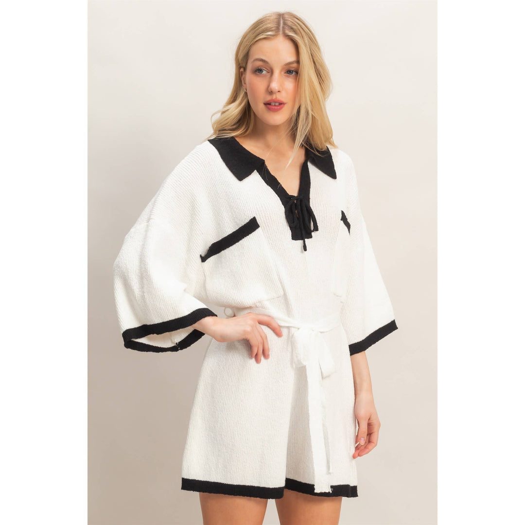 Women's Rompers - Knit Romper With Contrast Tie - - Cultured Cloths Apparel