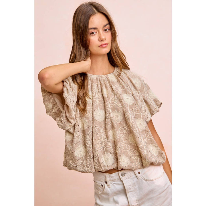 Women's Short Sleeve - FLOWER EMBROIDERED SHIRRED NECKLINE BUBBLE HEM TOP - - Cultured Cloths Apparel