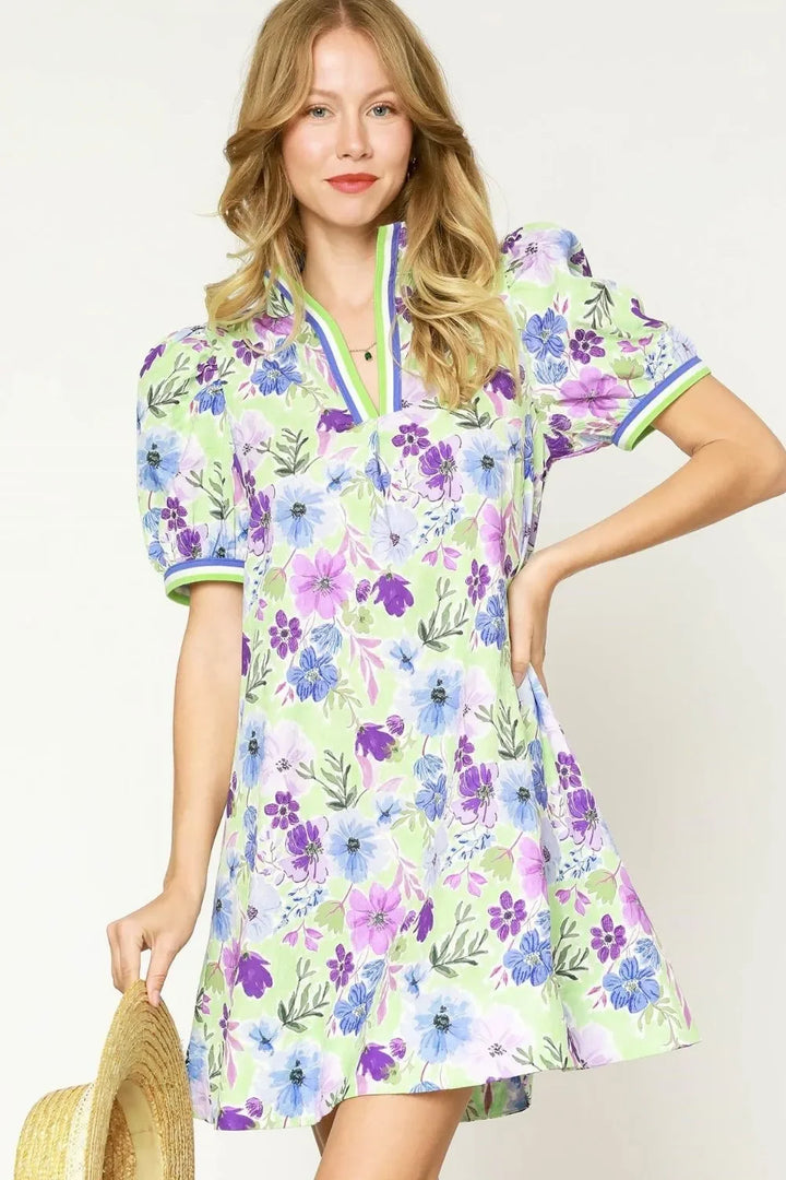 Women's Dresses - Umgee Floral Print Short Puff Sleeve Mini Dress - Light Green - Cultured Cloths Apparel