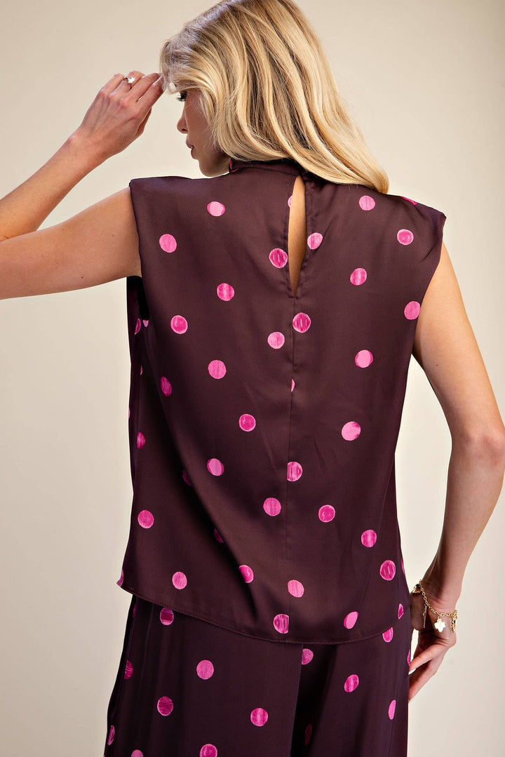 Cowl Mock Neck Pleats Shoulder Sleeveless Top Polka Dot