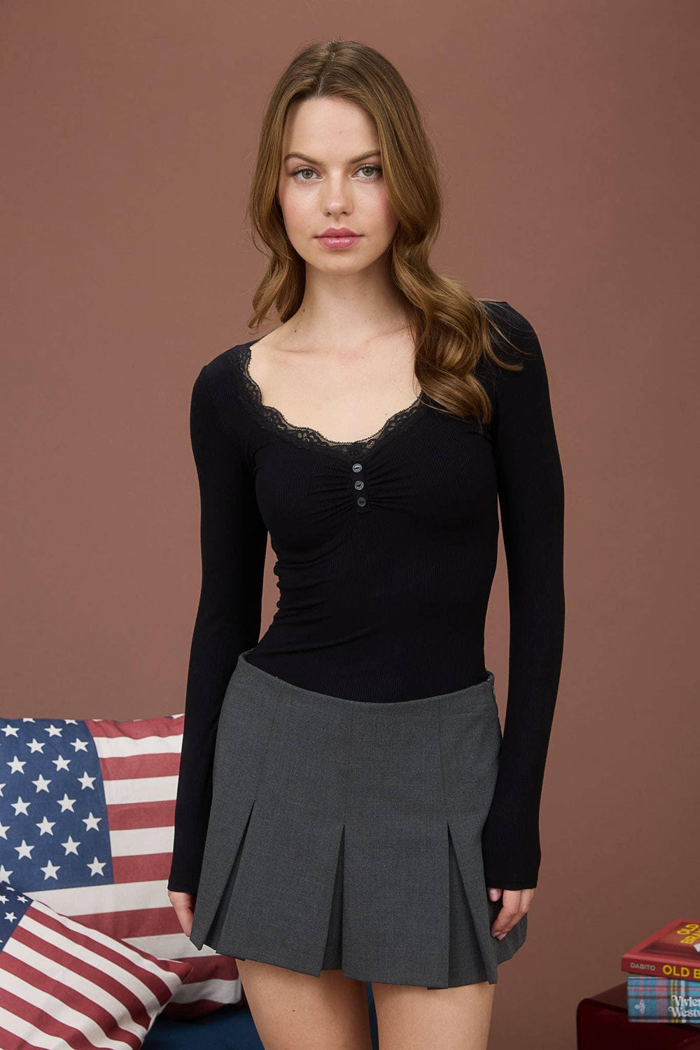 Women's Long Sleeve - LACE TRIM BUTTON DETAIL LONG SLEEVE KNIT TOP - BLACK - Cultured Cloths Apparel