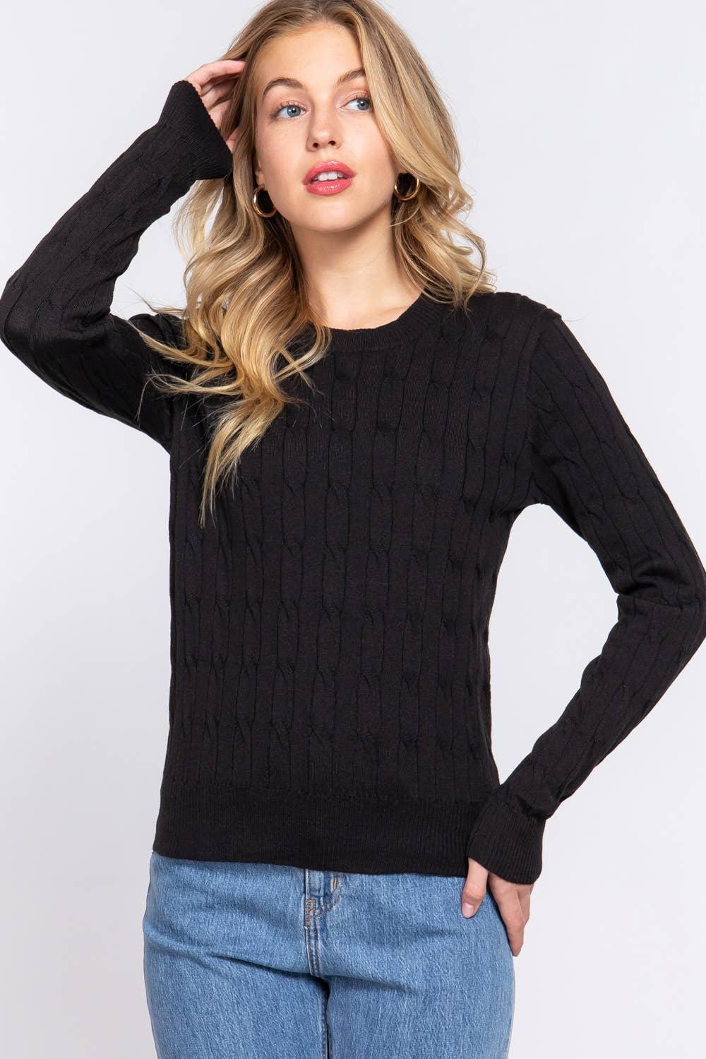 Women's Sweaters - Long Sleeve Round Neck Cable Sweater - BLACK - Cultured Cloths Apparel