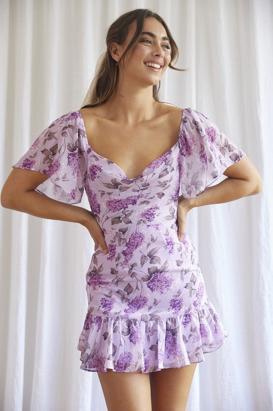 Women's Dresses - Floral Print Ruffle Flutter Sleeved Mini Dress - LILAC - Cultured Cloths Apparel