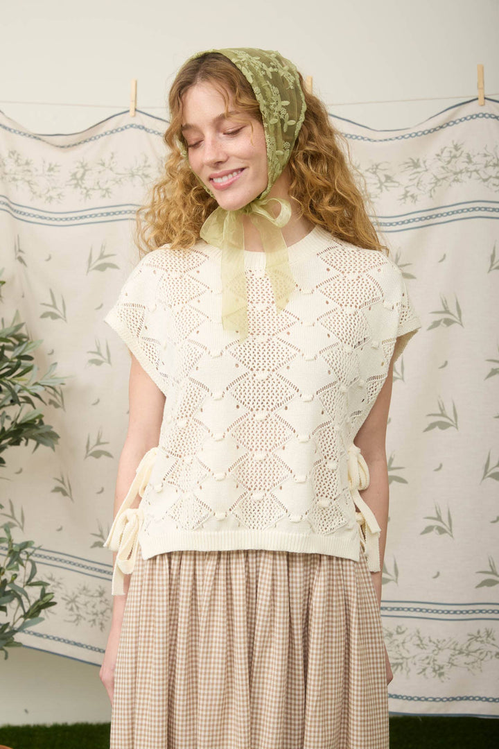 Women's Short Sleeve - CLIP DOT SHORT SLEEVE SIDE TIE CROCHET SWEATER - - Cultured Cloths Apparel