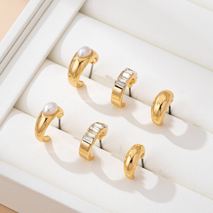 Accessories, Earrings - Pearl & Baguette Huggie Hoop Trio Earring Set - - Cultured Cloths Apparel