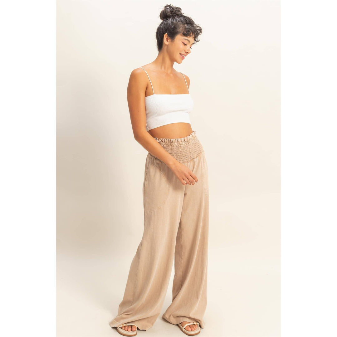 Mineral Washed Wide-Leg Smocked Waist Pants