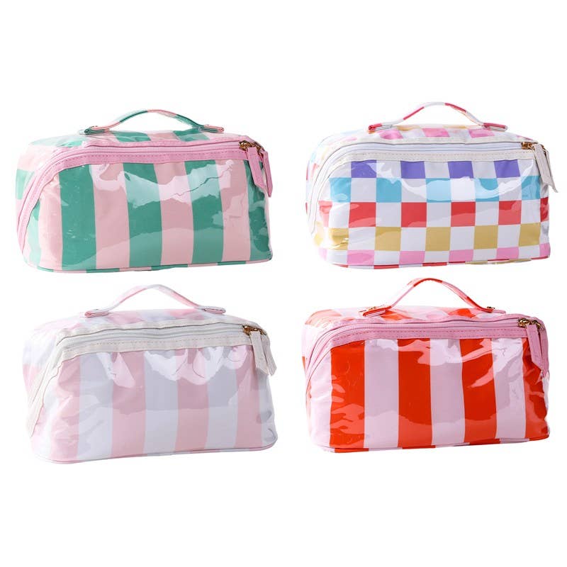 CHECKER STRIPED  OPEN FLAT COSMETIC MAKEUP POUCH