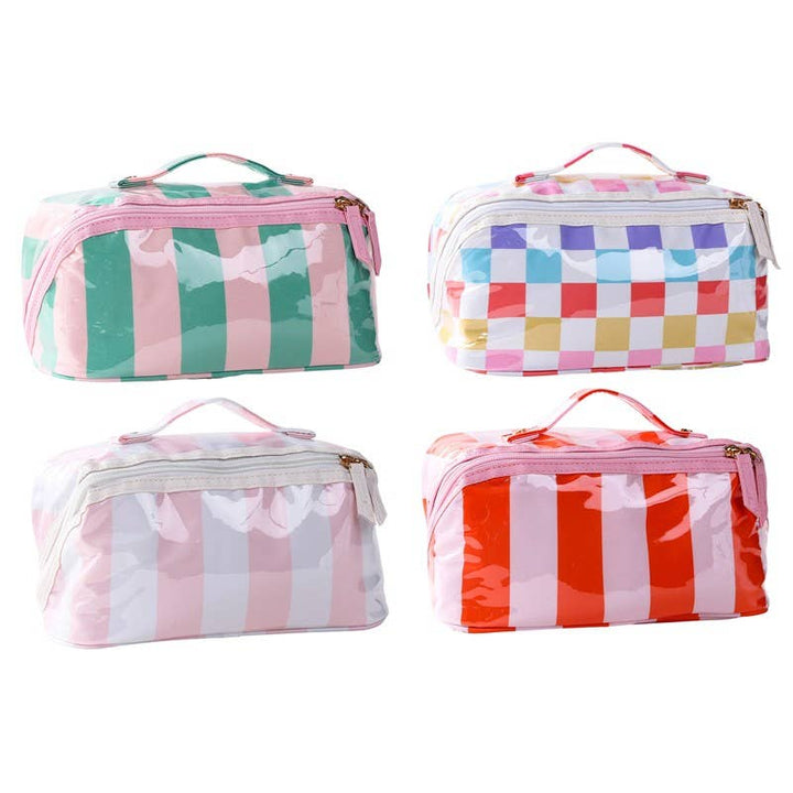 CHECKER STRIPED  OPEN FLAT COSMETIC MAKEUP POUCH