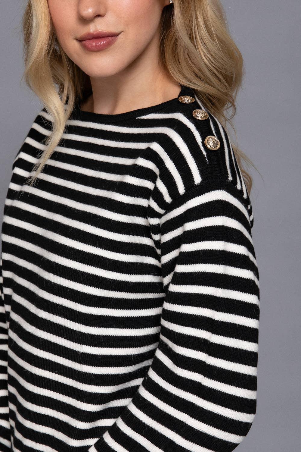 Women's Sweaters - Long Sleeve Buttoned Shoulder Stripe Sweater - BLACK - Cultured Cloths Apparel