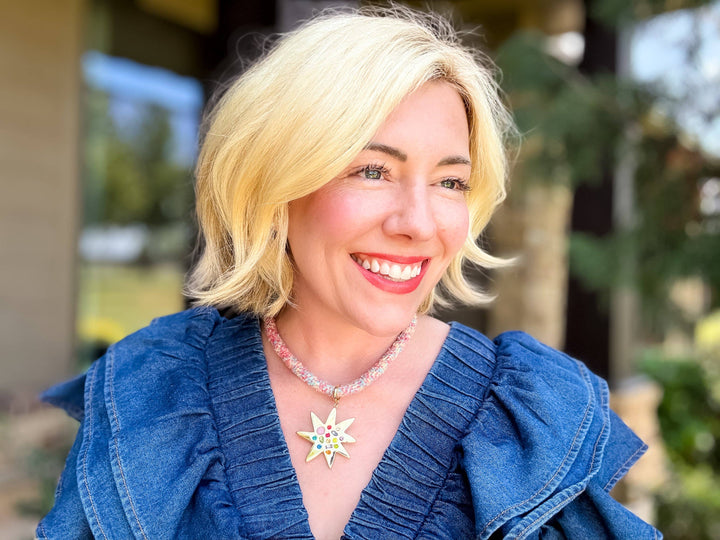 Textured Cord Necklace - Gold Sunburst Charm - Blakely