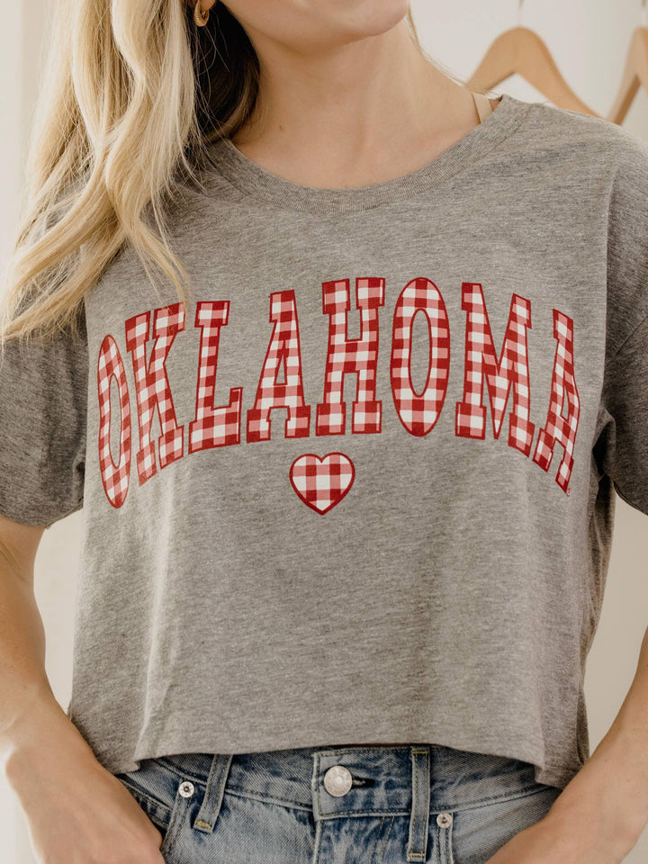 Graphic T-Shirts - OU Oklahoma Sooners Gingham Heart Gray Cropped Tee - - Cultured Cloths Apparel