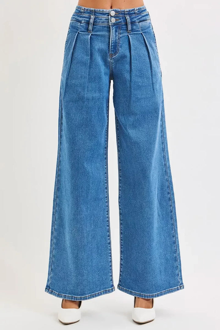 Denim - RISEN Full Size Mid Rise Fit Wide Leg with Pleated Detail Jeans - - Cultured Cloths Apparel