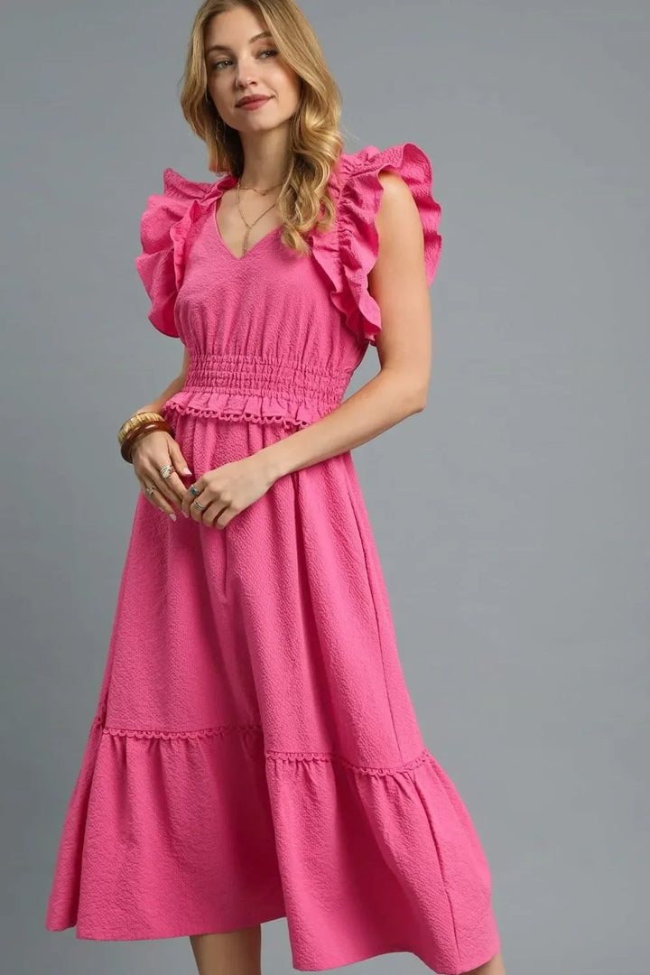 Women's Dresses - Umgee V-Neck Ruffled Cap Sleeve Midi Dress - Hot Pink - Cultured Cloths Apparel