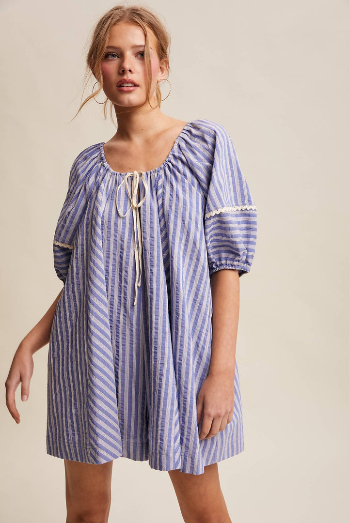 Romper - Striped Puff Sleeve Romper - L - Cultured Cloths Apparel