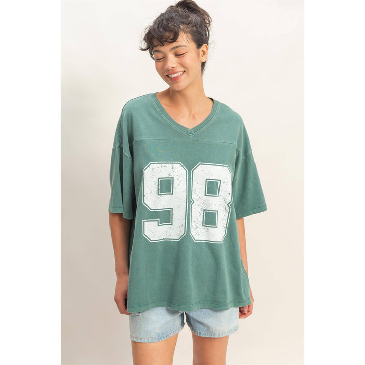 Graphic T-Shirts - Oversized Varsity Style V-Neck Graphic T-Shirt - - Cultured Cloths Apparel