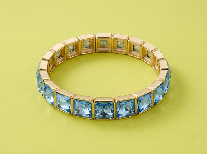 Accessories, Bracelets - Enamel Stretch Bracelet - Square Gems - Libby - Asst Colors - Gold w/ Blue Stones - Cultured Cloths Apparel