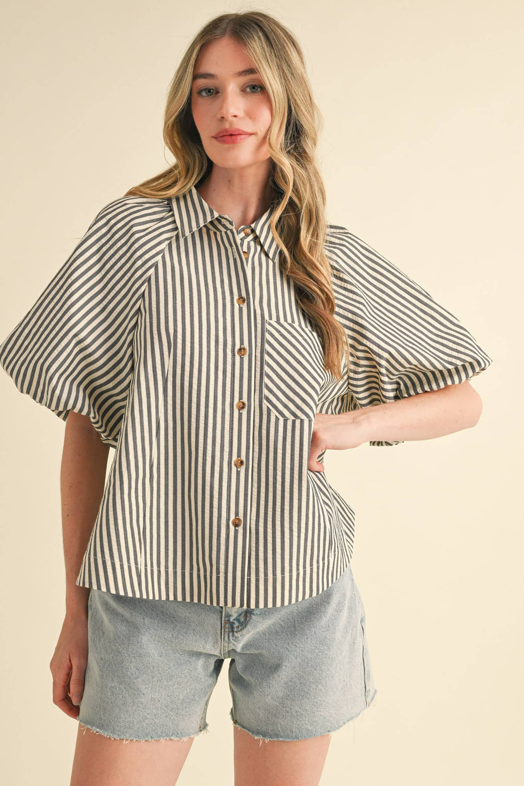 Women's Short Sleeve - STRIPED BUBBLE SLEEVE BUTTON DOWN TOP - - Cultured Cloths Apparel
