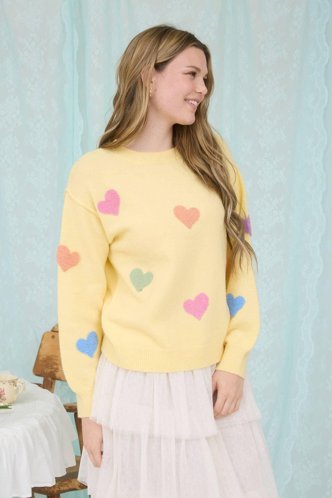 MULTICOLOR HEART CREWNECK KNIT PULLOVER SWEATER