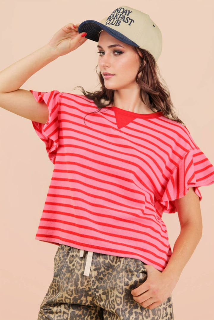 Oversized Ruffle Sleeve Casual Stripe Knit Top