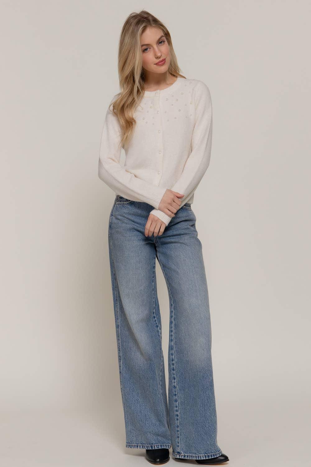 Women's Sweaters - Long Sleeve Round Neck Pearl Embellished Sweater Cardigan - - Cultured Cloths Apparel