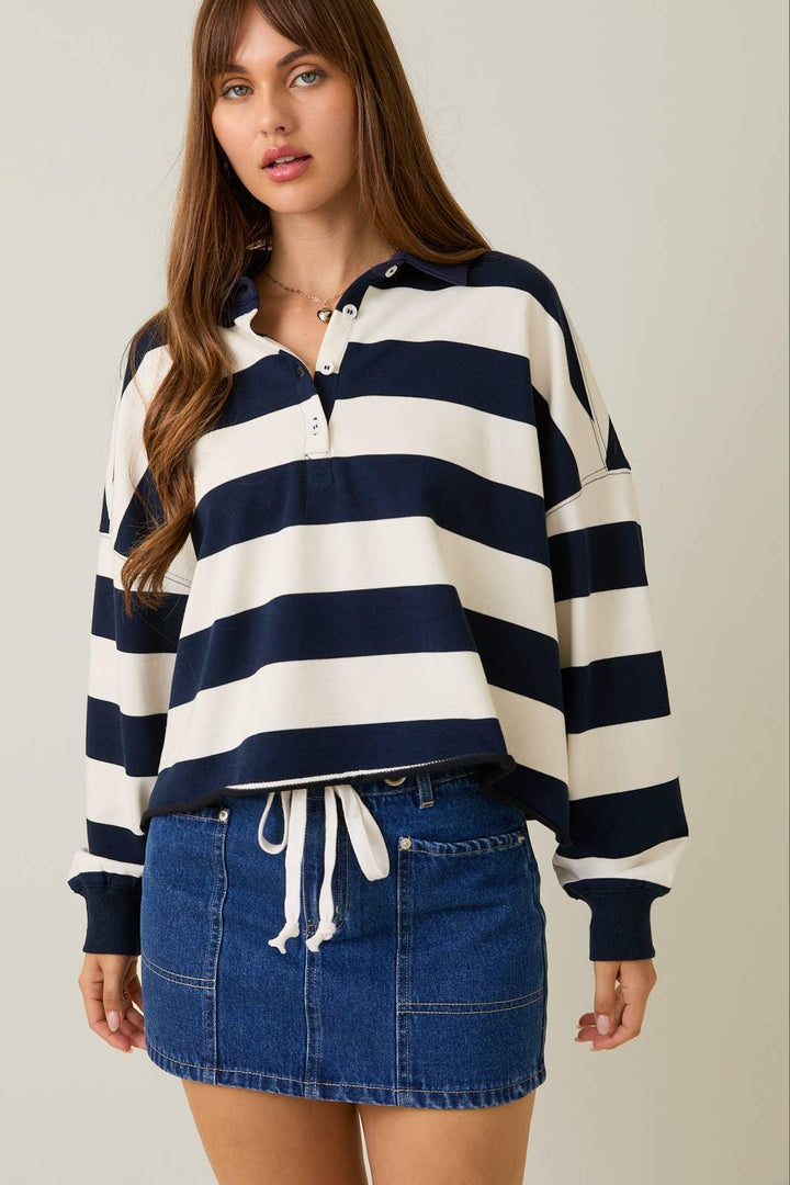 Women's Long Sleeve - RUGBY POLO TOP IN STRIPE WITH FRONT BUTTONS - NAVY-WHITE STRIPE - Cultured Cloths Apparel