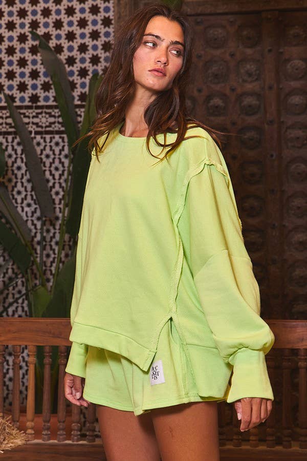 T2369 Raw Edge Detail Hi-Low Hem Solid Terry Top