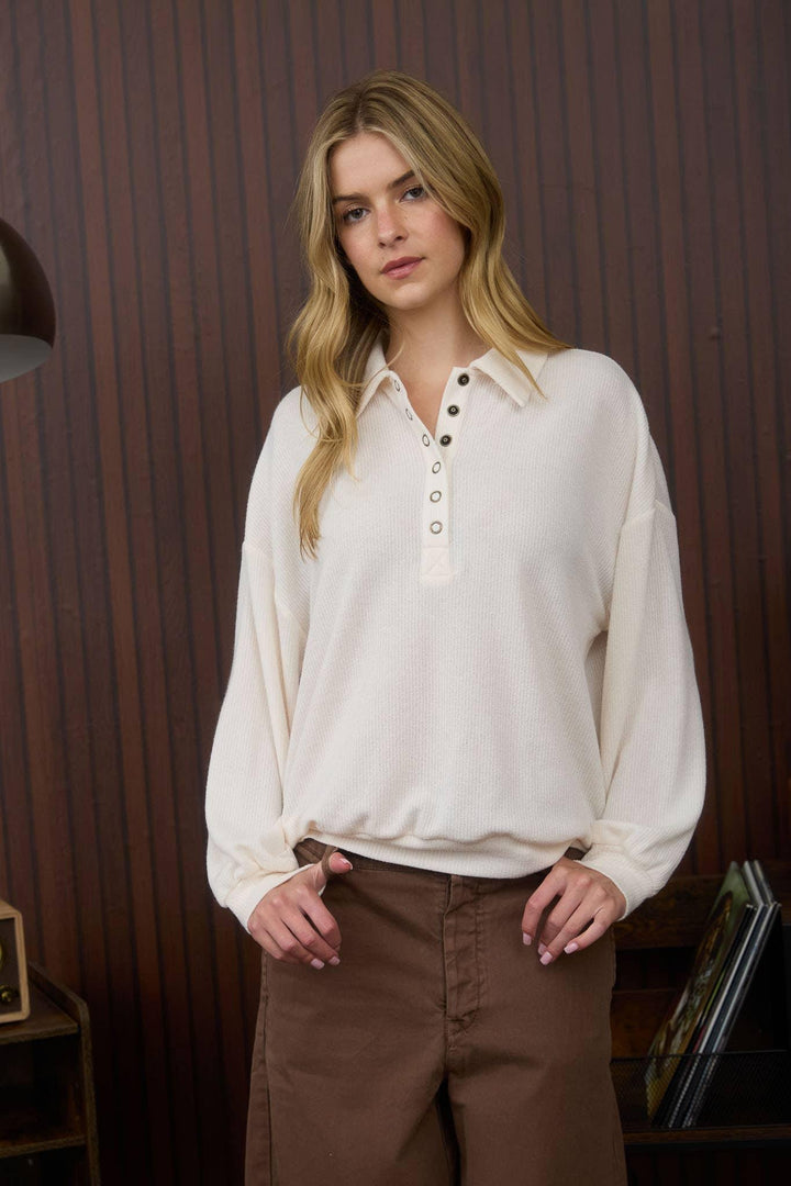 COLLARED HALF SNAP BUTTON LONG SLEEVE KNIT TOP