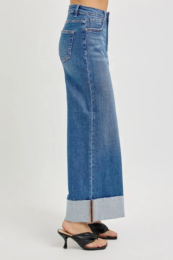 Denim - RISEN Full Size Tummy Control High Rise Crop Wide Cuffed Jeans Plus Size - - Cultured Cloths Apparel