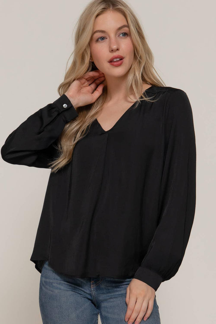 Women's Long Sleeve - Long Sleeve V-Neck with Pleats Satin Blouse - - Cultured Cloths Apparel