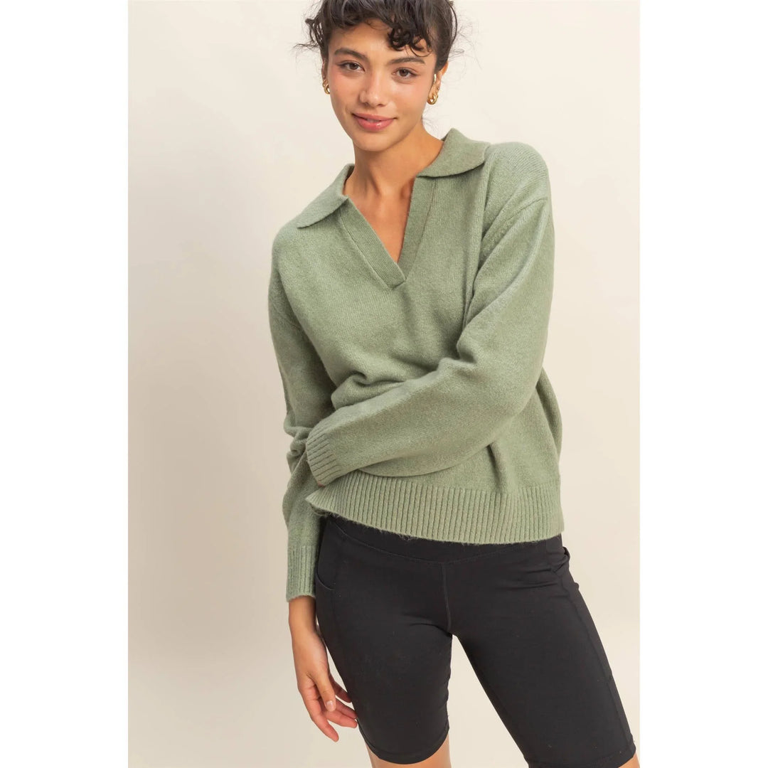Women's Sweaters - Collared V Neck Sweater - - Cultured Cloths Apparel